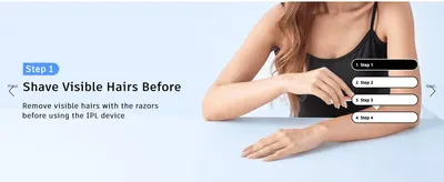 Walks the shopper through the first step of proper use, showing them to shave visible hair before applying the IPL device. Highlights one clear preparation step in a single clean lifestyle scene to…