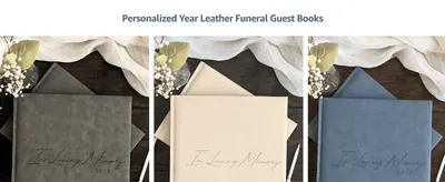 Shows the same guest book in three leather color options to help shoppers pick the finish they want.