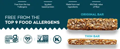 Highlights four distinct nutritional claims in one glance to reassure shoppers the bar fits a clean, allergen-safe diet. Displays recognized third-party certifications to build trust that the…