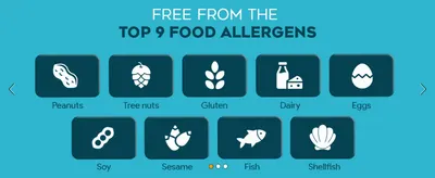 Reassures shoppers with allergies or sensitivities that the product avoids all nine major food allergens. Uses a segmented icon grid to individually call out each of the nine allergens the product…