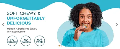 Communicates that the bar is soft, chewy, and delicious, baked fresh in a dedicated Massachusetts bakery. Highlights clean-ingredient and allergy-friendly claims to reassure health-conscious shoppers.