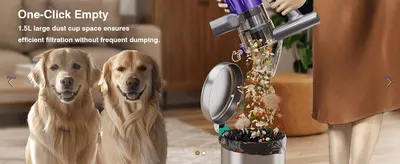 Shows the simple one-click action for emptying the dust cup to demonstrate ease of maintenance. Highlights the large dust cup capacity that reduces how often the user needs to empty it.