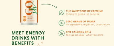 Highlights three distinct product benefits (moderate caffeine, no sugar, low calories) in a segmented icon layout to reassure health-conscious shoppers.