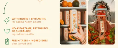 Communicates multiple ingredient and taste benefits alongside lifestyle imagery to reinforce the product's clean, feel-good positioning.