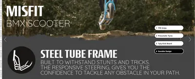 Highlights the durable steel tube frame construction to reassure shoppers the scooter can handle stunts and rough use. Uses a simple frame diagram alongside the numbered feature tabs to point out…