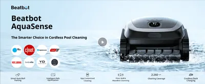 Builds credibility by showing the product has been featured across recognized media outlets. Highlights the product's smart navigation and cleaning capabilities across a segmented icon row of key…