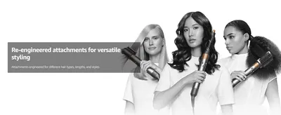 Shows three different models with different hair types and styles to demonstrate the attachments work for versatile styling needs.