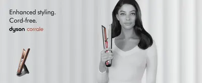 Introduces the Dyson Corrale styler with brand logo and a simple cord-free benefit statement. Highlights cord-free enhanced styling as the product's core benefit.