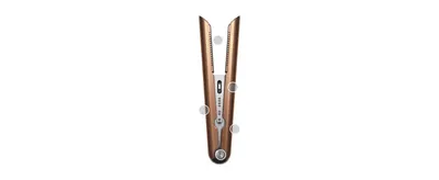 Highlights physical design points on the styler with zoomed callout circles to showcase its build quality.