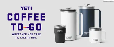 Showcases the YETI coffee-to-go product lineup together to help shoppers see the full range of drinkware options. Emphasizes that YETI drinkware keeps coffee hot no matter where it's taken.