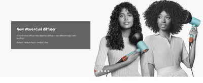 Introduces the new Wave+Curl diffuser and its reduced-frizz benefit, shown in use on curly hair to build desirability.