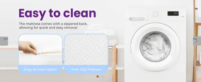 Shows shoppers the mattress cover can be unzipped and machine washed for easy maintenance. Highlights two distinct product features that make the mattress easy to clean and keep in place.