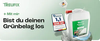 Communicates the core promise that the product removes green deposits from surfaces. Builds trust by showing an independent testing organization's top rating and German-made certification.