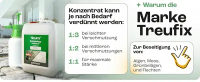 Explains how to dilute the concentrate for different levels of dirt to guide correct usage. Reinforces trust in the Treufix brand by listing what it eliminates (algae, moss, lichen).