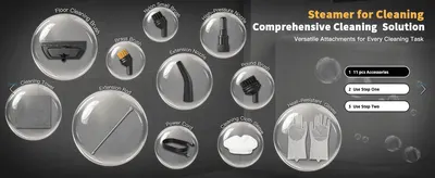 Shows every accessory bubble-labeled to reassure the shopper of the full kit's versatility and value. Signals easy setup with a numbered step list alongside the accessory lineup.