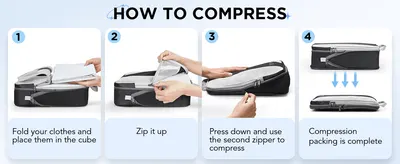 Walks shoppers through the exact steps to fold, zip and compress clothes, showing the product is easy to use.