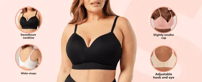 Zooms into specific design details like neckline, straps and cup fit to show construction quality. Zooms into specific design details like neckline, straps and cup fit to show construction quality.