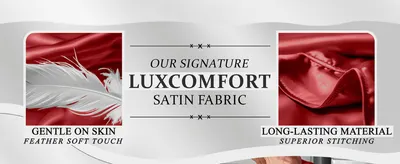 Highlights two distinct fabric benefits, gentle skin feel and durable stitching, in a segmented panel layout.