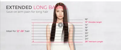 Shows which barrel size fits the shopper's hair length so they can pick the right curling iron for comfortable, effective use. Highlights that the extended barrel design saves arm strain when…