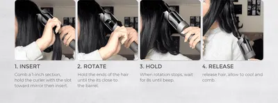 Walks shoppers through the insert, rotate, hold, and release steps to show how easy the curling iron is to use.