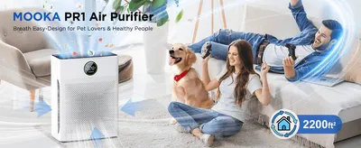 Positions the purifier as ideal for pet owners and health-conscious households through a warm lifestyle scene. Highlights the room coverage capacity to reassure shoppers the unit suits large spaces.