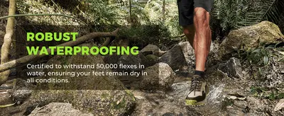 Reassures shoppers the shoe stays waterproof through repeated flexing in wet conditions, keeping feet dry.