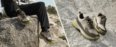 Shows the hiking shoes worn on rugged terrain alongside a close-up product shot to build desire and showcase design.
