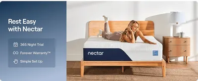 Highlights three key purchase reassurances (365-night trial, forever warranty, simple setup) to reduce buying hesitation. Reinforces the Nectar brand promise of restful sleep alongside its core…