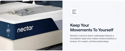 Communicates that the memory foam mattress absorbs partner movement for uninterrupted sleep. Shows the mattress's 12-inch profile with dimension arrows to set physical size expectations.