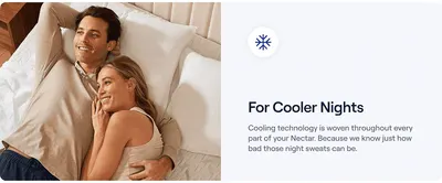 Reassures shoppers the mattress stays cool all night by highlighting cooling technology woven throughout, paired with a comforting lifestyle photo.