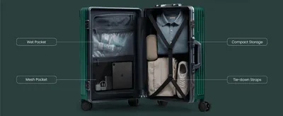 Points out the suitcase's internal compartments (wet pocket, mesh pocket, compact storage, tie-down straps) so shoppers understand how to pack it. Highlights four distinct interior organization…