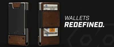 Introduces the wallet with a bold brand tagline and front/back product views to establish a premium, redefined design.