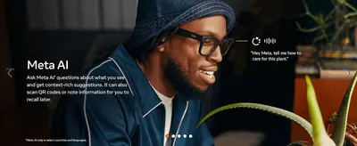 Highlights the Meta AI voice assistant feature, showing how it answers questions and gives context-rich suggestions based on what the wearer sees.