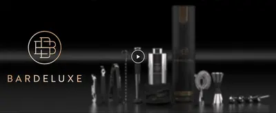 Introduces the BarDeluxe brand with its logo alongside the full cocktail set to build brand presence. Shows the full array of tools and accessories included in the cocktail set.
