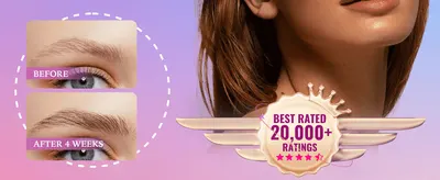 Proves visible brow improvement with a before/after comparison while a ratings badge reinforces trust through social proof.