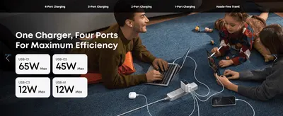 Highlights the charger's four independently-powered ports and their wattage output to show it can power multiple devices at once. Uses bold wattage numbers for each port to communicate the charger's…