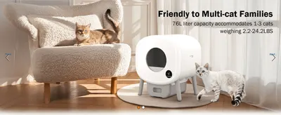 Communicates the 76L capacity and 2.2-24.2LBS weight range to reassure shoppers it fits multiple cats. Shows the litter box works well for households with multiple cats of different sizes.