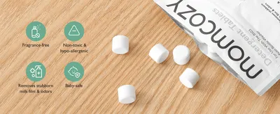 Highlights four safety and cleaning benefits of the detergent tablets to reassure parents the product is safe for baby feeding equipment. Reassures shoppers the detergent is fragrance-free,…