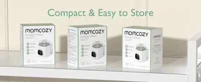 Communicates that the detergent tablet packaging is compact and easy to store on a shelf.