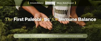 Introduces the product as the first paleobiotic for immune balance, framing the brand's core positioning with a lifestyle hero image.