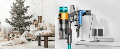 Shows the vacuum fitting naturally into a cozy home life alongside its wall-mounted charging dock.