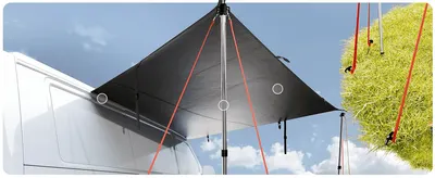 Highlights the key structural attachment and tension points of the awning setup to show shoppers how it stays secure.