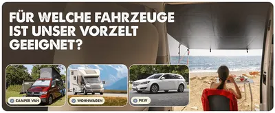 Shows shoppers which vehicle types (camper van, motorhome, car) the awning is compatible with.