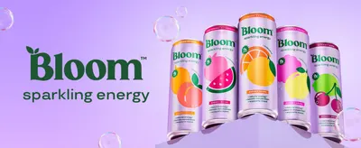 Introduces the Bloom Sparkling Energy brand and showcases its full range of flavor variants to help shoppers see their options.