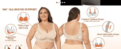 Points to specific construction zones front and back to show shoppers how the bra delivers full support and a custom fit. Segments four distinct support features around the product to communicate…