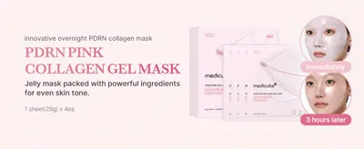 Introduces the overnight collagen gel mask and reassures shoppers it evens skin tone quickly and over time. Shows the same face at two time points after applying the mask to prove visible hydration…