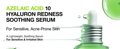 Introduces the serum and its core benefit of soothing redness for sensitive, acne-prone skin.