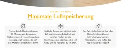 Gives three quick care tips (inflate before use, temperature affects firmness, check for leaks) to help the shopper use and maintain the air bed correctly.