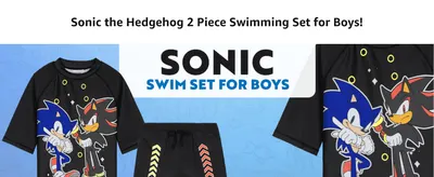 Uses the Sonic the Hedgehog brand and characters to draw in fans and signal a licensed, appealing design for kids. Shows close-up views of the swim shirt and shorts print to highlight the product…