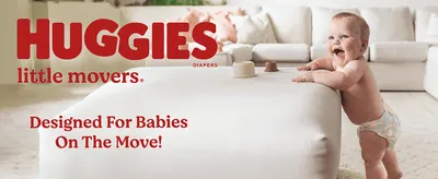 Introduces the Little Movers sub-brand with a lifestyle photo and tagline to build brand recognition. Communicates that the diaper is built for active, mobile babies.
